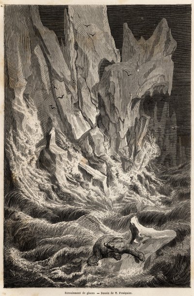 En isbjörn kommer från ett isberg efter kollapsen av ett isblock från Spitzberg, en arkipelag i Ishavet, ritad av V.Foulquier, för att illustrera Spitzberget 1838-1839, av Charles Martins. Gravyr i "" Le tour du monde", redigerad av av Unknown artist