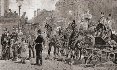 En polis stoppar trafiken på ett trafikerat övergångsställe för att låta fotgängare korsa vägen, London, England av Unknown artist