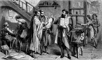 Ett tryckeri på 1400-talet, gravyr 1800-talet. av Unknown artist
