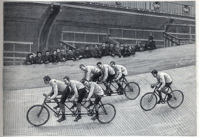 En rekordman cyklist med sina tränare på tripletttåg på en cykelbana. Gravyr i "" La Nature"" av Unknown artist