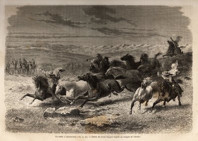 En rodeo i Lauramarca (Nedre Peru), fångst av vilda hästar, innan deras järnmärkning med initialerna för ägaren av regionen, betraktad som ett komplett skådespel, samlades många badauds. Gravyr för att illustrera resan i Quinquins dalar av Unknown artist