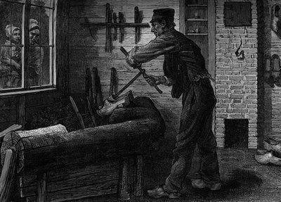 En sabotier på jobbet i sin verkstad i Belgien, gravering i journalen "" la jeunesse"" av Unknown artist