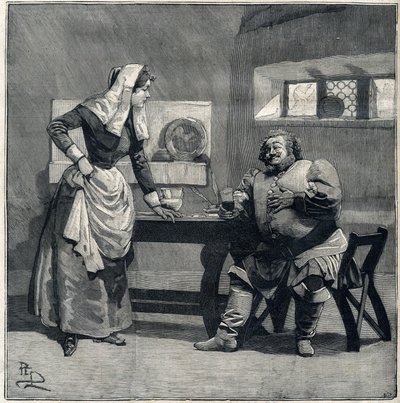 En scen av "Falstaff" från Operans eponym av Giuseppe Verdi skapades 1893. Gravyr i "" Le Parisien"" av Unknown artist