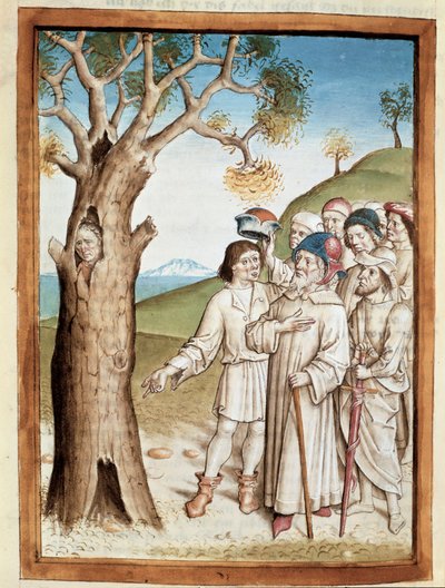 En eftersöksman gömmer sig i en miniatyrträdstam från en tysk översättning av fablerna om Bidpais "Kalila (Calila) och Dimna". (ms. 1389, fol. 36) omkring 1480 Chantilly, musee Conde av Unknown artist