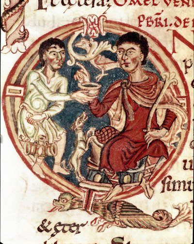 En tjänare som serverar att dricka till lorden Miniature från "Lectionaire de la Cathedrale de Reims"" Reims från 1000-talet, kommunalt bibliotek av Unknown artist