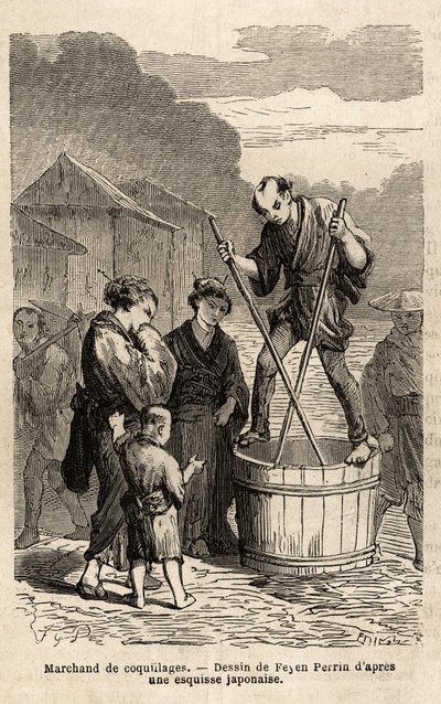En snäckhandlare mitt på gatan reser sig i balans på tunnan som innehåller hans varor, som han släpar med två långa ätpinnar. Gravyr för att illustrera resan till Japan, 1863-1864, av Aime Humbert, minister för Schweiziska edsförbundet, i "L av Unknown artist