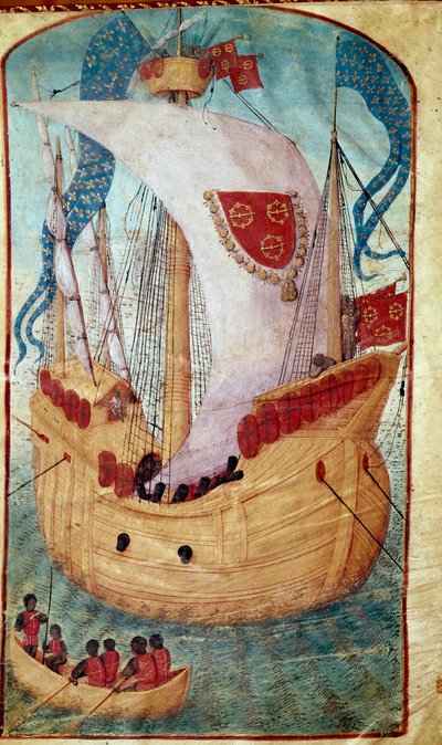 Ett skepp med segeldekorerade av Louis Malets (1441-1516) vapensköld, seigneur av Granville Miniature från Olivier de la Marche (1425-1502) 1483 Chantilly, Musee Conde av Unknown artist