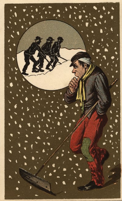 En snösamlare med sin spade. Anonym kromolitografi, sent 1800-tal. av Unknown artist