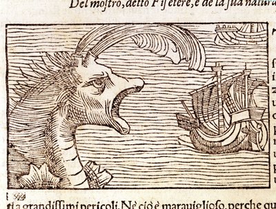 En kaskelot (?) (fyseter) attackerar ett skepp. Gravyr av Olaus Magnus (1490 - 1557), svensk religiös och geograf, "History of the Northern Nation", Venedig av Unknown artist