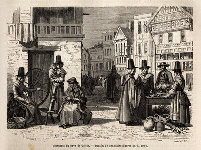 En gata i Wales, med lokalbefolkningen klädda i traditionella dräkter och vardagsaktiviteter: en förstahandsfamilj och kvinnor som spinner ull med hjul. Engravure pour illustrrer un voyage dans le pays de Wales, en 1862, par Alfred Erny, i "Le tour du mond av Unknown artist