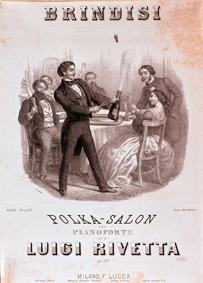 En toastscen. Illustration av partituren av Brindisi polka av Rivetta av Unknown artist