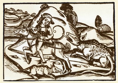 En resenär möter två monstruösa tigrar som ser ut som basilikan. Esopes fabler (gravyr, slutet av 1400-talet) av Unknown artist