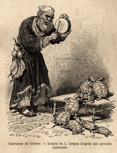 En sköldpaddstjusare, som tillhör den mellanliggande sylten mellan tiggare och älvor. Gravyr för att illustrera resan till Japan, av Aime Humbert, minister för Schweiziska edsförbundet, 1863-1864, publicerad i "" le tour du monde", under direkt av Unknown artist