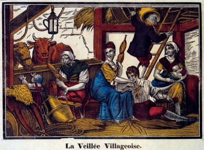 En bys nattliv: en familj av bönder i en lada. Gravyr av 1800-talet. Paris, B.N. av Unknown artist