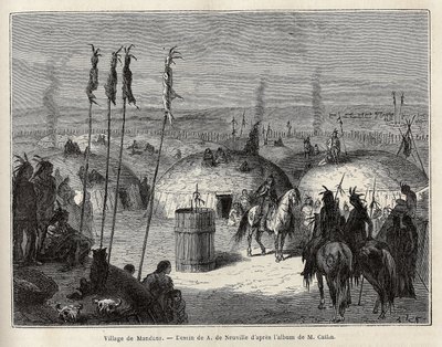 En by av Mandans indianer (eller nouma ka kie: fasaner) på vänstra stranden av Missouri, 600 ligor från staden Saint Louis. Gravyr för att illustrera en utflykt bland indianstammarna i Colombia och Upper Missouri, av G. Catlin, i 1 av Unknown artist