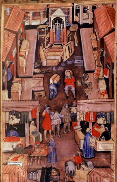 En promenad: draperier, skräddare, klädhandlare i en fransk stad. Överst, konstruktion av en miniatyrkyrka från ett 1400-talsmanuskript Paris, B.N. av Unknown artist