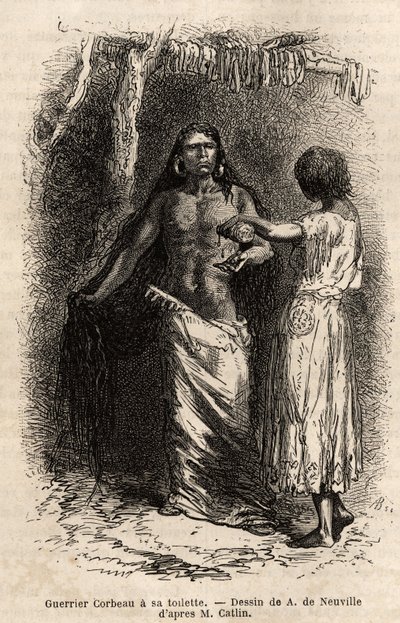 En krigare av indianstammen Crow (kråkor), som bor längs Lewisfloden och gör sin toalett. Gravyr för att illustrera en utflykt bland indianstammarna i Colombia och Upper Missouri, av G. Catlin, 1855, publicerad i "" le tour du monde"" av Unknown artist