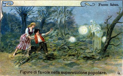 En vild eld, ett diffust ljus som kan ses på natten nära myrarna och kyrkogårdarna, skulle vara en smart ande från populär tradition. kromolitografi från 1800-talet. av Unknown artist