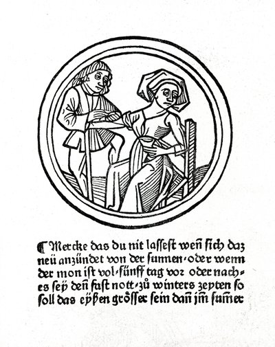 En kvinnas blödning. Xylografi i "Buch de Surgery" av Hyeronimus Braunschweig. Strasbourg 1497 av Unknown artist