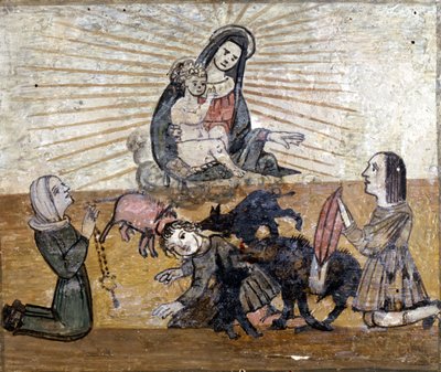 En ung pojke attackerad av en grupp vildsvin (vildsvin). Ex voto från 1500-talet av helgedomen Madonna del Monte nära Cesena (Forlí). av Unknown artist