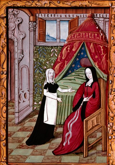 En ung kvinna troligen Louise Laval (död 1480) i sitt sovrum med sin miniatyrtjänare hämtad från "" Histoire de Jean III de Brush et de sa femme Louise de Laval""" (fr. 1475, fol. 10r) Chantilly, musee Conde av Unknown artist