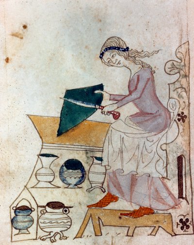 En ung kvinna som slipar en kniv. Miniatyr hämtad från ett provensalskt manuskript av typen "" Dis des philosophes"" (MS Palat. 586) 1300-talets Biblioteca Nazionale Florence av Unknown artist