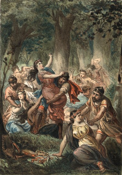 Bortförandet av sabinerna av romarna. Gravyr av 1881.i "" Skönhetskulten"" av Juan Justo Huguet, Molinas Hermanos editores av Unknown artist