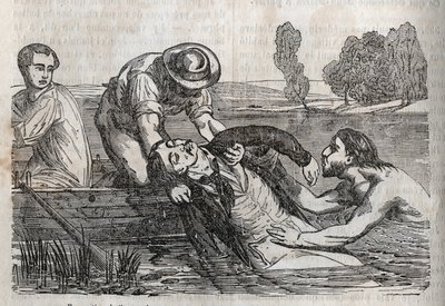 Olycksmedicin - på den mest effektiva lindring som kan ges till de drunknade - för att ta bort en drunknande man från vattnet måste du göra det så bekvämt som möjligt - gravering i "La Sante Universelle - Guide Medical des Families" 1852 av Unknown artist