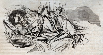 Olycksmedicin - på den mest effektiva lindring att ge till de drunknade - valnötsblöjorna på sidan och spy av vattnet han drack - gravering i "La Sante Universelle - Guide Medical des Familles" 1852 av Unknown artist