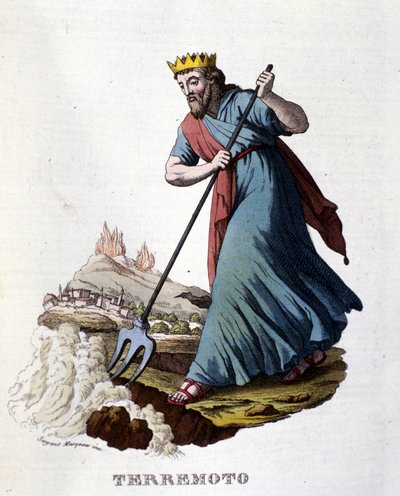 Enligt grekisk mytologi orsakas jordbävningar av Neptunus som skakar jorden med sin treudd. Gravyr av 1800-talet. av Unknown artist