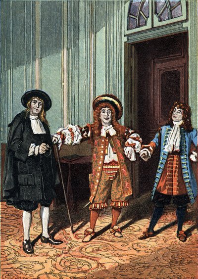 Akt II av "Le Bourgeois Gentilhomme"" komedi-balett i fem akter i prosa av Moliere. Mästarfilosofen (Mr. Lenoir), dansens mästare (Mr. Truffier), Mr. Jourdain (Mr. Coquelin yngre). Omkring 1890. av Unknown artist