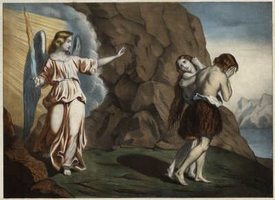 Adam och Eva jagade från paradiset. Anonym gravyr från mitten av 1800-talet. av Unknown artist