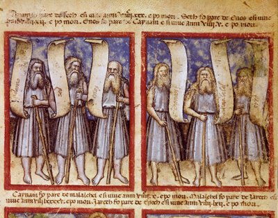 Adams släktforskning följs av Seth, Enoch (Henoch eller Enosh) Kenan, Mahalalel (Mahalaleel) och Jared (eller Yared), de stora patriarkerna i miniatyrbibeln hämtade från codex 212 (eller padovano eller Bible of Padua) 1390-1400 Rovigo, Accademia dei Concor av Unknown artist