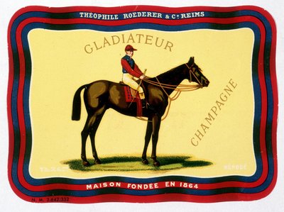 Reklametikett för "" Gladiateur Champagne - Théophile Roederer & C¡. Reims - Hus grundat 1864””. Kromolitografi n.d.. av Unknown artist