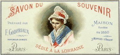 Reklametikett för "Soap du souvenir, framställd av F. Godfriaux - Maison grundad 1850". Kromolitografi 1800-talet. av Unknown artist