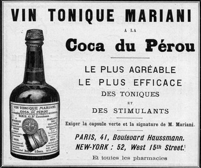 Reklam från 1889 för "" Wine tonic Mariani a la coca du perou"" (kokain) av Unknown artist