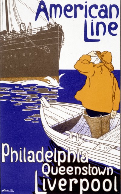 Annonsaffisch för American Line "Philadelphia - Queenstown - Liverpool" i "Pictorial Placard"", Bryssel av Unknown artist