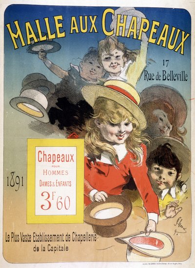 Reklamaffisch för "Halle aux hats", rue de Belleville i Paris av Unknown artist