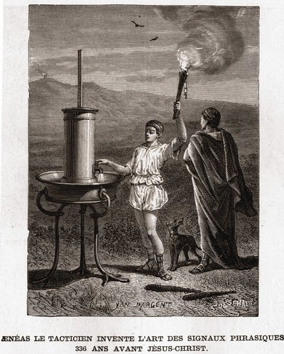 Taktikern Aenéas uppfinner konsten att uttrycka signaler, 366 f.Kr. Gravyr 1800-tal, bianchettisamling av Unknown artist