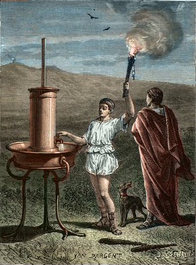 Aeneas Tacticus eller taktikern uppfinner ett fassignalsystem 336BC - Enee le Taccien - Aeneas le Tactician uppfinner konsten att uttrycka signaler 336 f.Kr. - Taktikern Aeneas uppfann konsten att uttrycka signaler 336 f.Kr. av Unknown artist