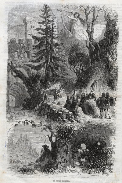 Eolisk harpa - blåsharpa - Arpa eolia - Blåsharpa - musikinstrument spelat av vinden - gravyr från 1860 av Unknown artist