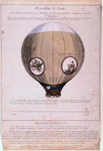 Aerostat de Lyon byggd efter en modell av bröderna Montgolfiere (Joseph och Etienne), ca 1783. Gravyr från 1800-talet. Paris, B.N. av Unknown artist