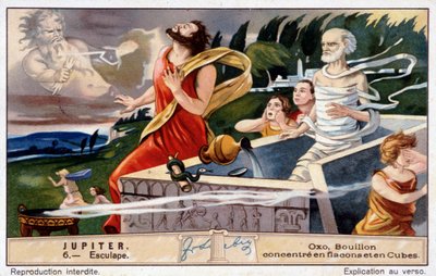 Aesculapus dör, sprängd av Jupiter, för att återuppliva de döda - Oxo-kromolitografi, producerade Liebig av Unknown artist