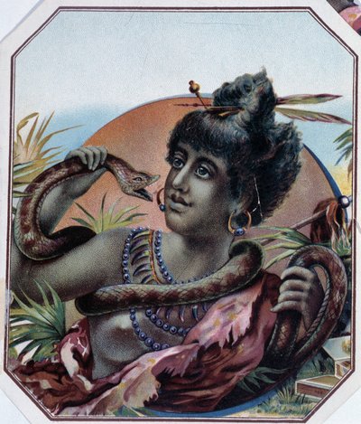 Afrikansk svart kvinna och orm - Cigarrlådaetikett, sent 1800-tal av Unknown artist