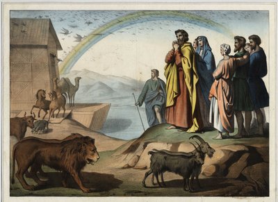 Efter syndafloden stiger djuren ner från arken. Till höger: Noa, hans fru, hans tre söner (Shem, Sham och Jafet) och deras fru. Längst ner, regnbågen (symbol för skapelseordningen slutar mellan Noa och Gud). Anonym gravyr från th av Unknown artist