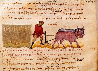 Jordbruk: plöjningsscen. Miniatyr från jakthandeln "" The Cynegetics "" av Oppian (Oppian eller Oppianus) från Syrien (3:e århundradet e.Kr.) tillägnad Caracalla. 1000-talets Venedig. Biblioteca Marciana av Unknown artist