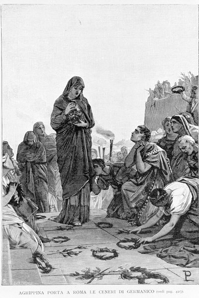 Agrippine den äldre (14 f.Kr. - 33) tar med sin man Germanicus aska till Rom för att söka rättvisa från Tiberius för hans död. av Unknown artist