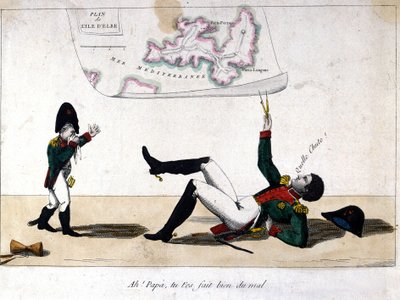 Åh, pappa, du skadade dig själv. Tecknad film om Napoleon Bonapartes exil på ön Elba. av Unknown artist