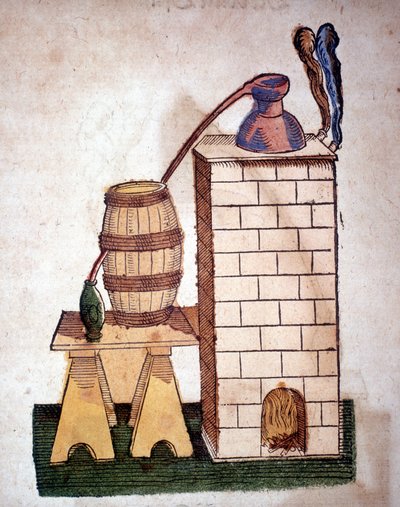 Alkemi: apparat för destillation. Gravyr från en bok av Pietro Andrea Mattioli (Matthiole) (1500-1577). Frankfurt av Unknown artist