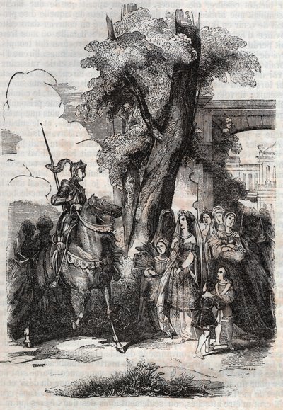 Alcina och hennes hov kommer för att hälsa på Ruggiero - gravyr från 1851 från dikten Orlando furioso (1516) av Ludovico Ariosto, - Upplaga översatt från italienska av greven av Tressan och utgiven av Gustave Harvard 1851 av Unknown artist